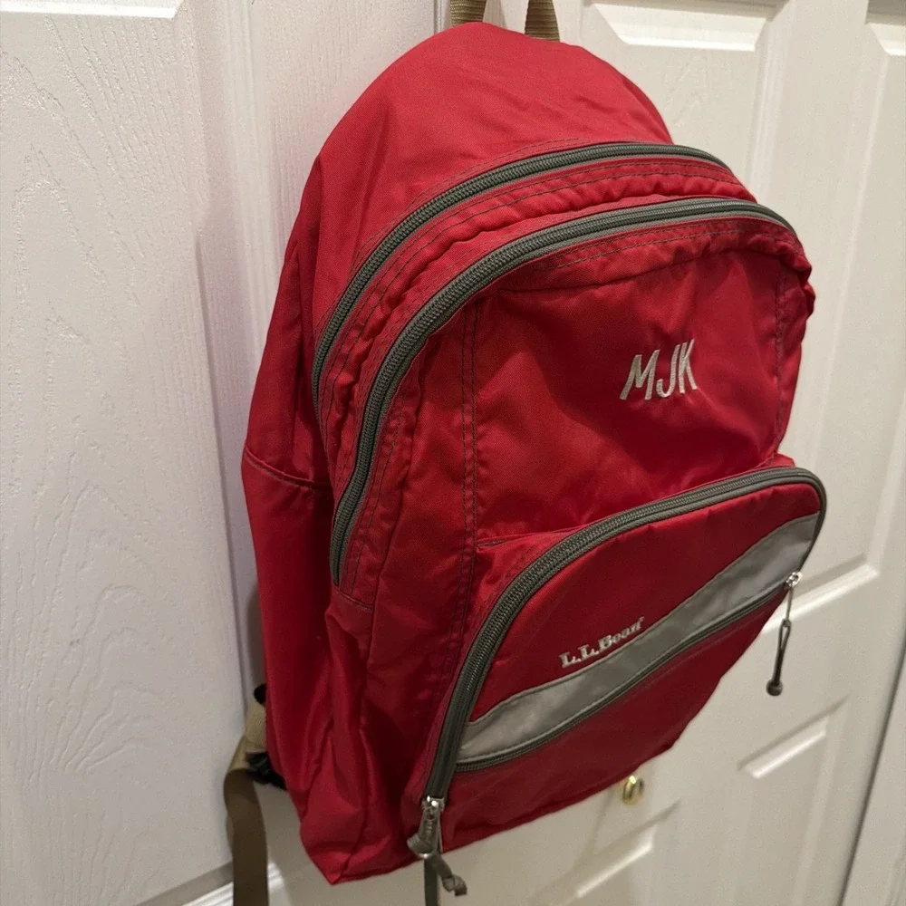 LL Bean Reflective Red Backpack Book Bag Personalized MJK Strap Zip Vintage 90s